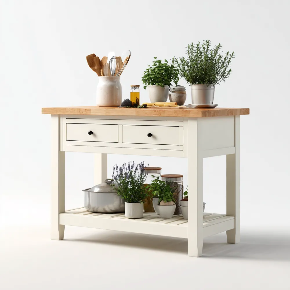 Îlot de cuisine en bois massif avec étagères et tiroirs – 120x60x90 cm – Crème/Naturel-Gentledwell