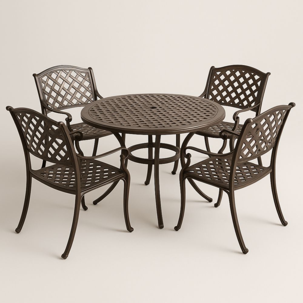 Ensemble de jardin en aluminium brun - Table ronde et 4 chaises-Gentledwell