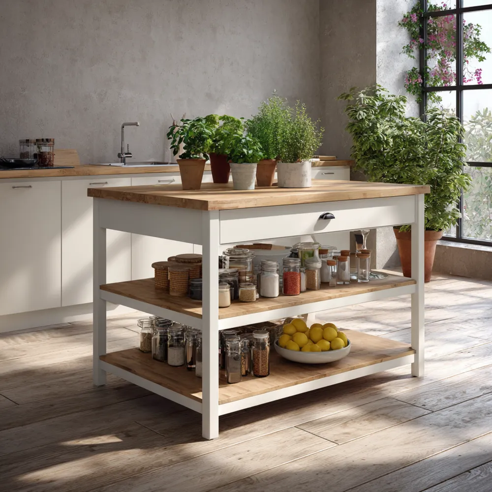 Îlot de cuisine en bois 120x60x90 cm – Blanc et Bois Naturel – Design moderne-Gentledwell