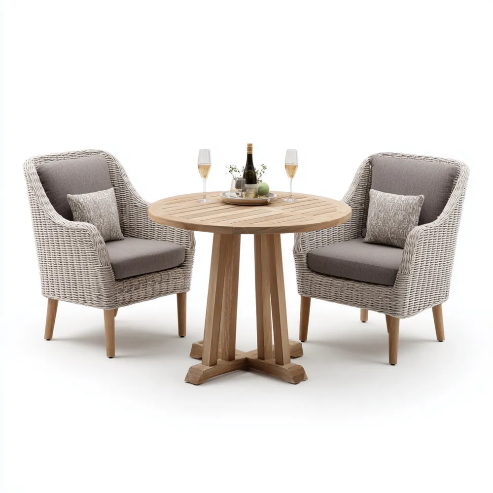 Ensemble table et chaises de jardin - Rotin synthétique et bois - Table Ø100 cm, Chaises L55 x P60 x H90 cm - Gris - Design moderne-Gentledwell