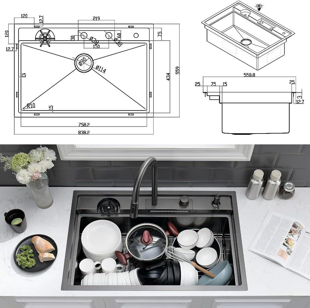 33 Black Drop In Waterfall Kitchen Sink Workstation