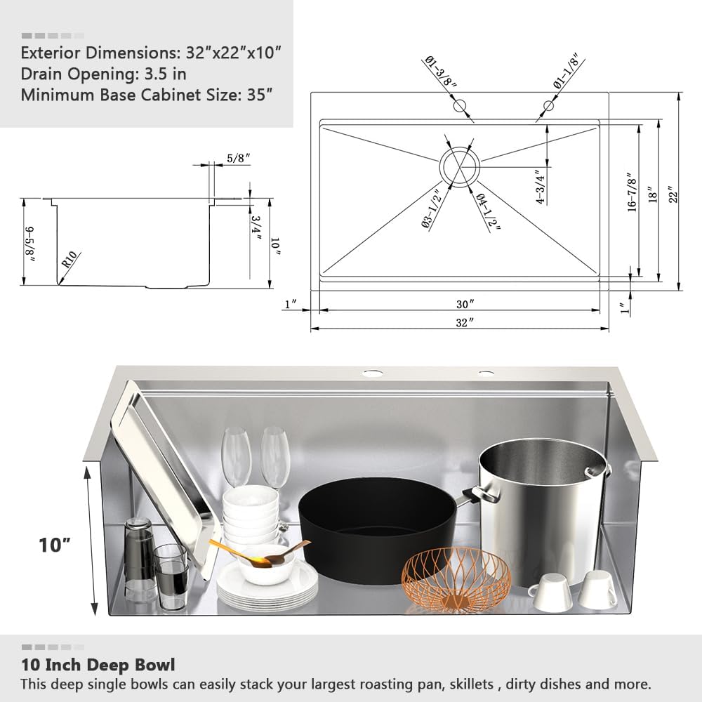 32 Inch Kitchen Sink Drop In Workstation