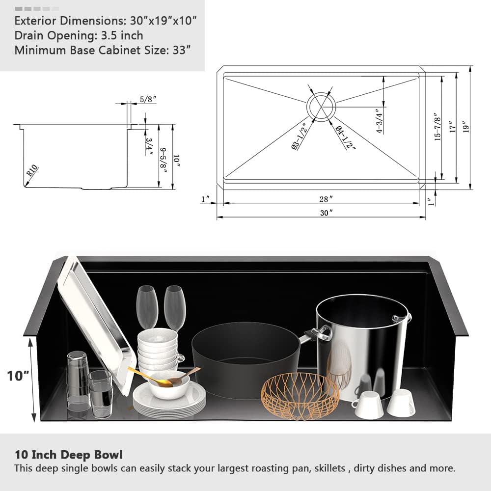 30 Black Kitchen Sink Undermount Workstation