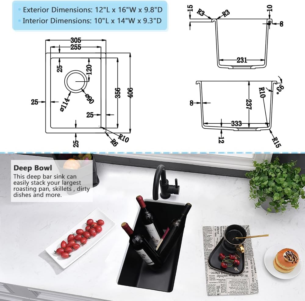 12 Inch Black Bar Sink Undermount