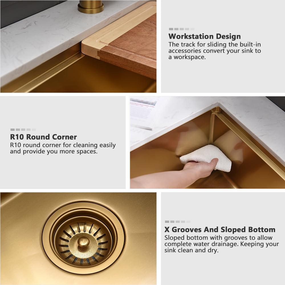 27 Inch Gold Undermount Kitchen Sink Workstation