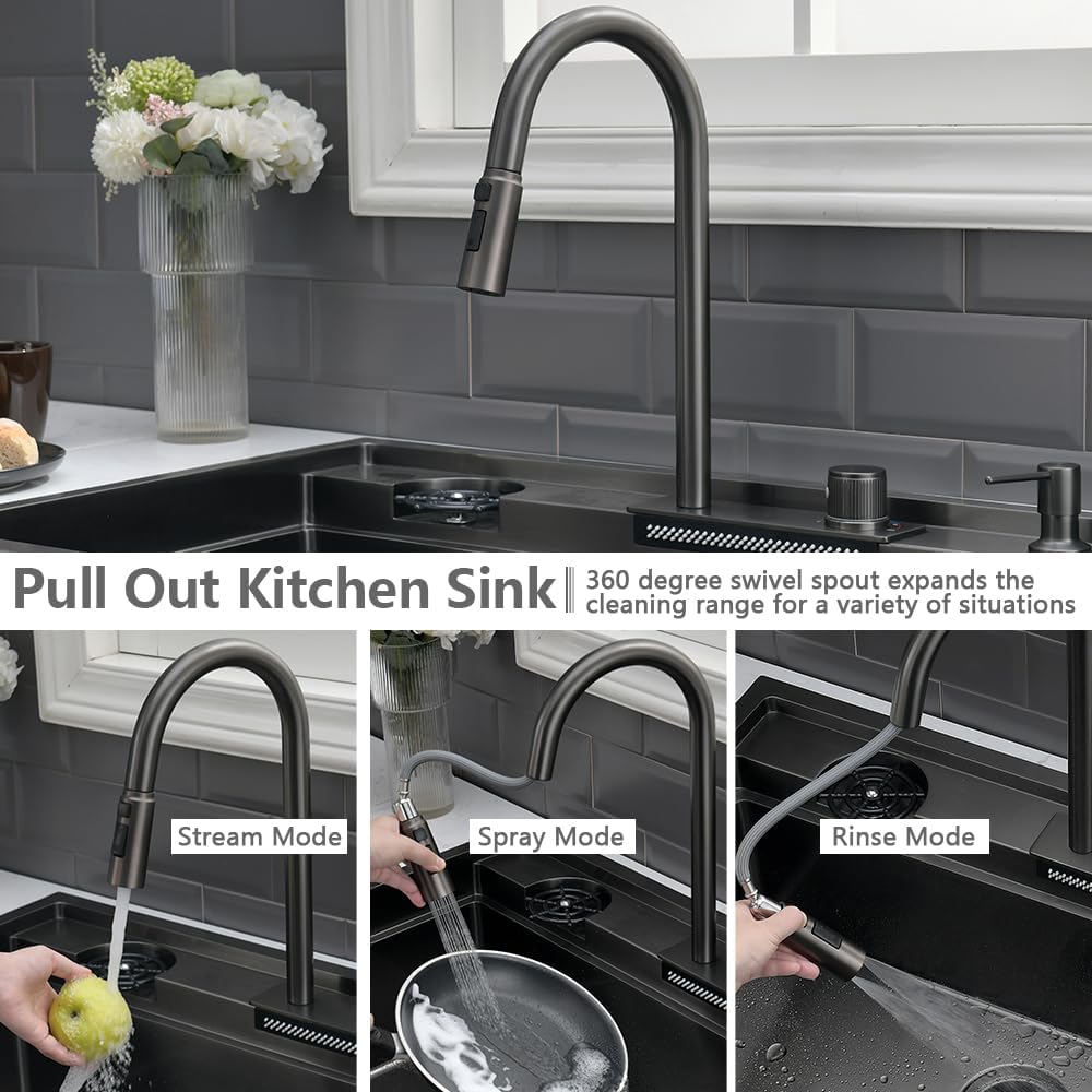 33 Black Drop In Waterfall Kitchen Sink Workstation