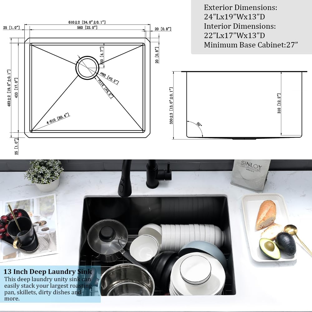 24x19x13 Black Stainless Steel Undermount Laundry Sink