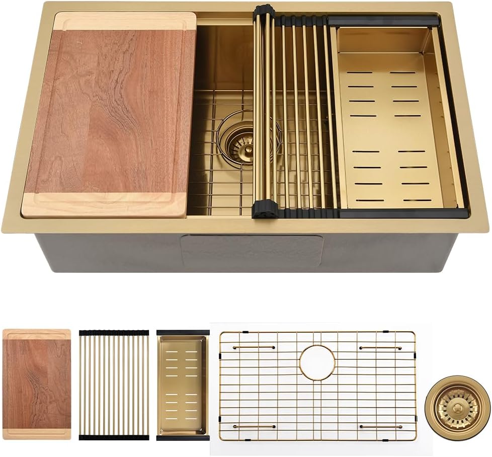 27 Inch Gold Undermount Kitchen Sink Workstation