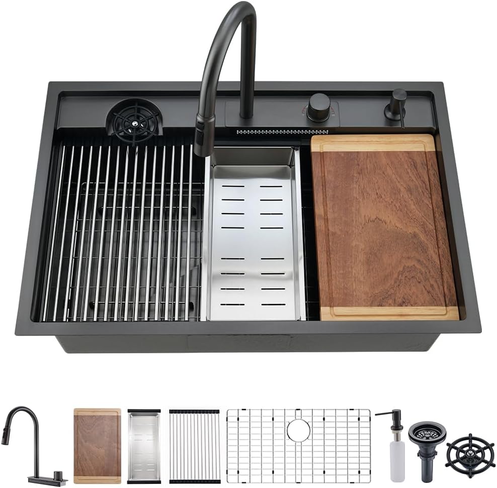 33 Black Drop In Waterfall Kitchen Sink Workstation