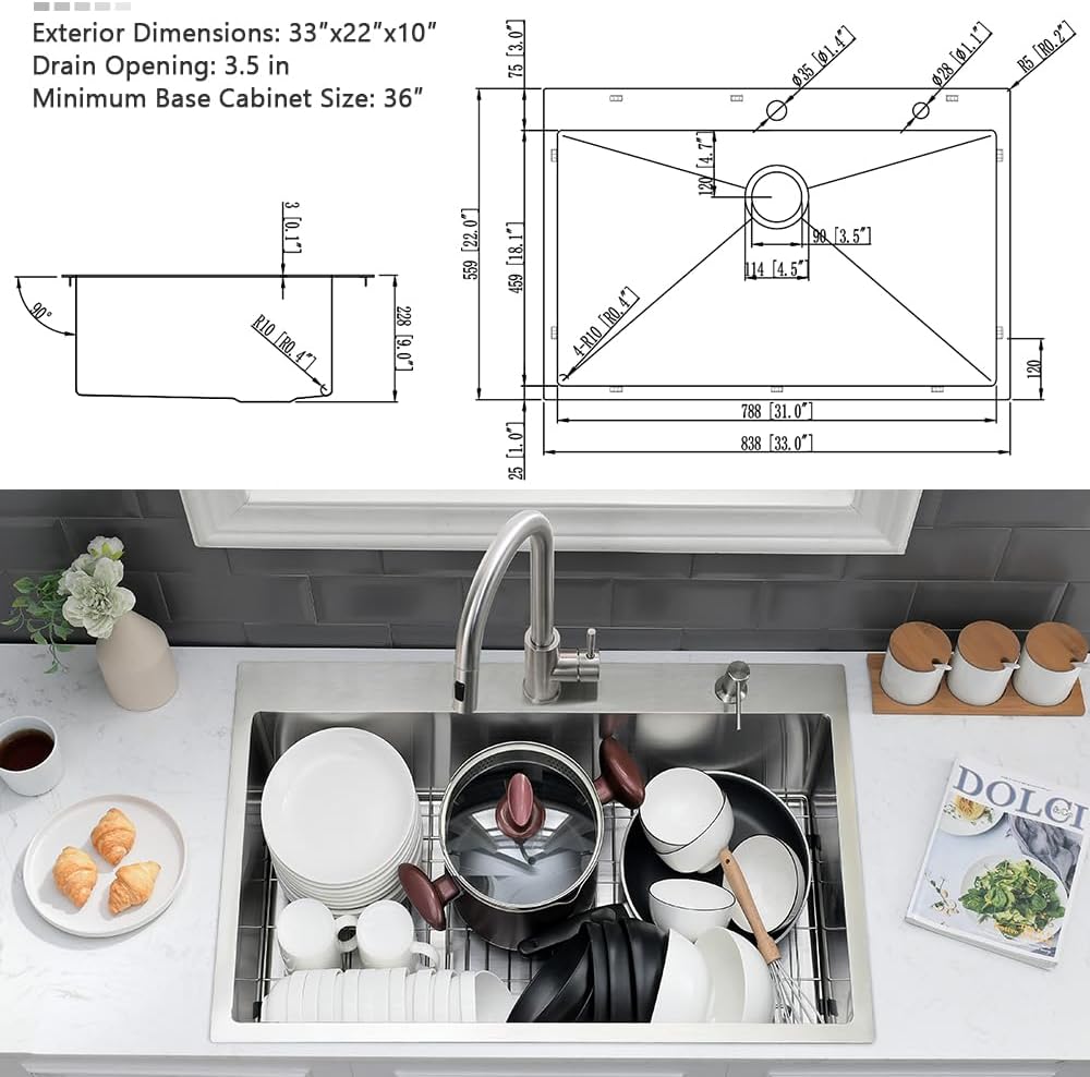 33 x 22 Drop In Kitchen Sink and Faucet Combo Set