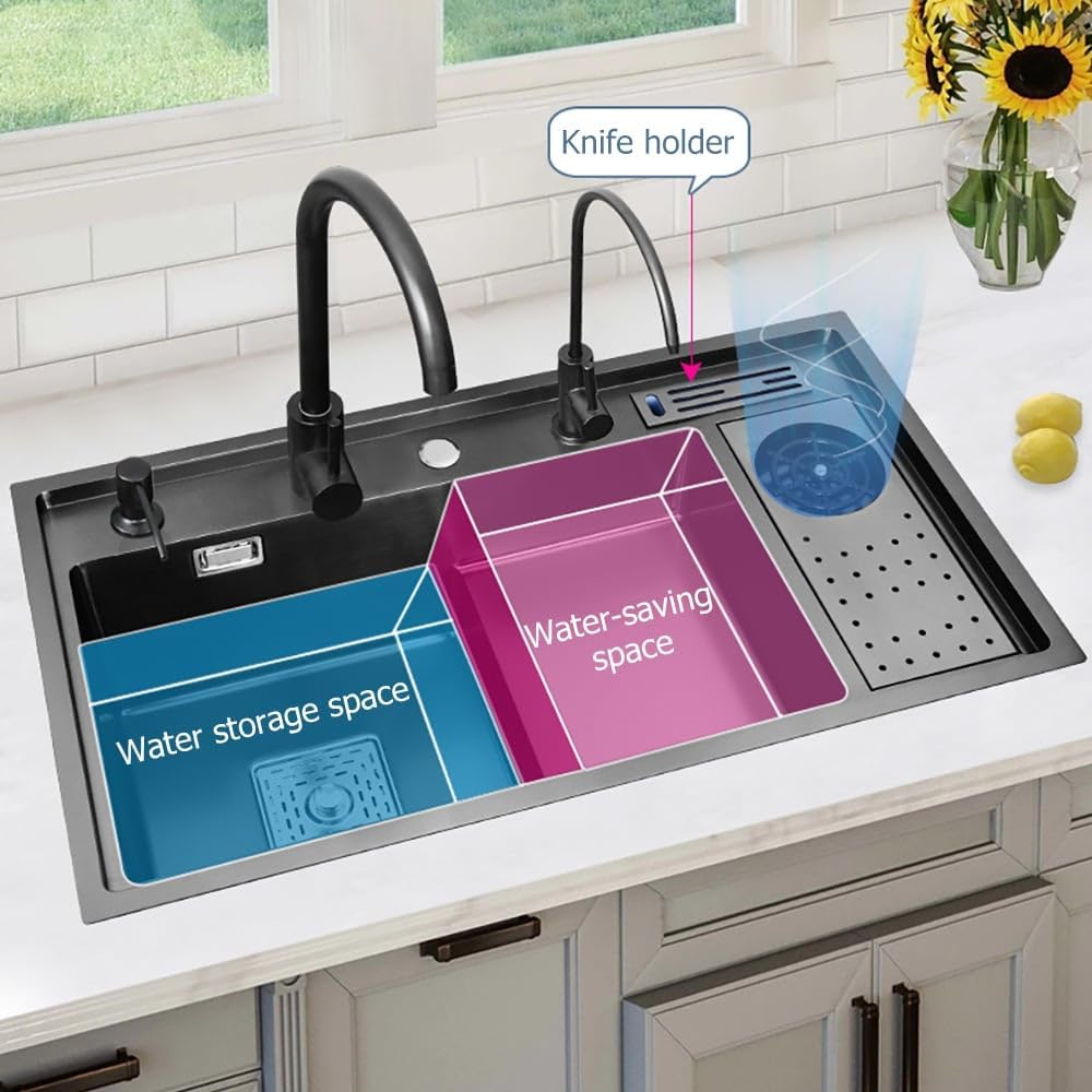 Drop-in Kitchen Sink Black Kitchen Sink Workstation with High-pressure Cup Washer