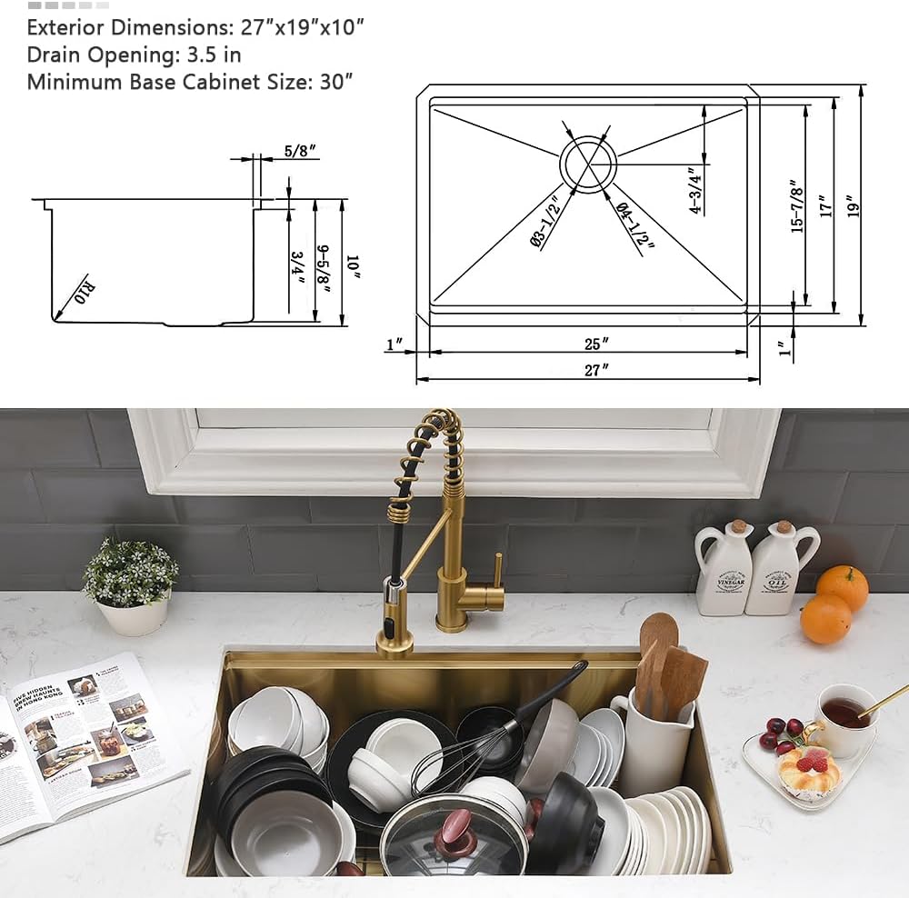 27 Inch Gold Undermount Kitchen Sink Workstation