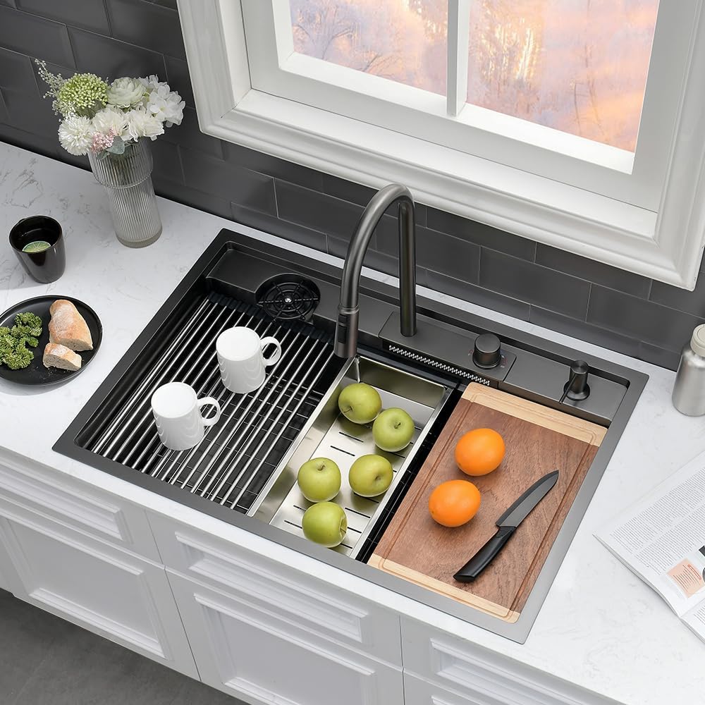 33 Black Drop In Waterfall Kitchen Sink Workstation