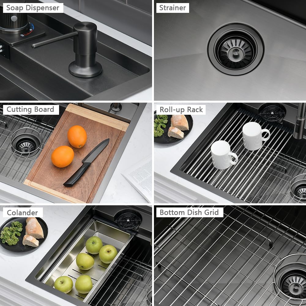 33 Black Drop In Waterfall Kitchen Sink Workstation