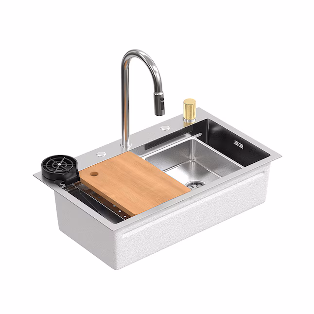 Stainless Steel Kitchen Sink with Pull Out Multifunctional Faucet Waterfall and Accessories 29.5''L x 18.1''W x 8.7''H