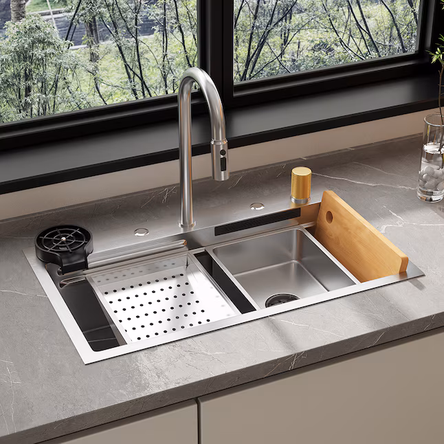 Stainless Steel Kitchen Sink with Pull Out Multifunctional Faucet Waterfall and Accessories 29.5''L x 18.1''W x 8.7''H