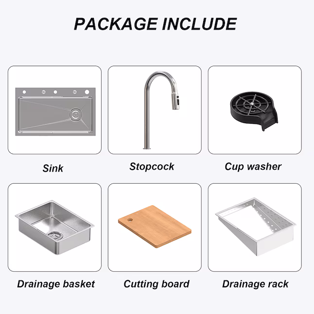 Stainless Steel Kitchen Sink with Pull Out Multifunctional Faucet Waterfall and Accessories 29.5''L x 18.1''W x 8.7''H