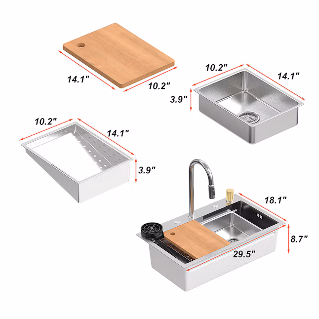 Stainless Steel Kitchen Sink with Pull Out Multifunctional Faucet Waterfall and Accessories 29.5''L x 18.1''W x 8.7''H
