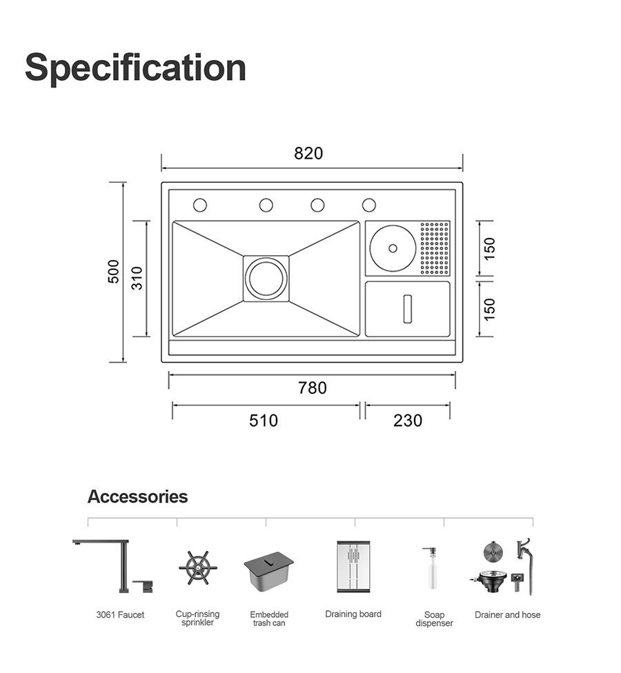 SUS304 Stainless Steel Large Farmhouse Hidden Sinks Handmade Kitchen Sink With Faucet