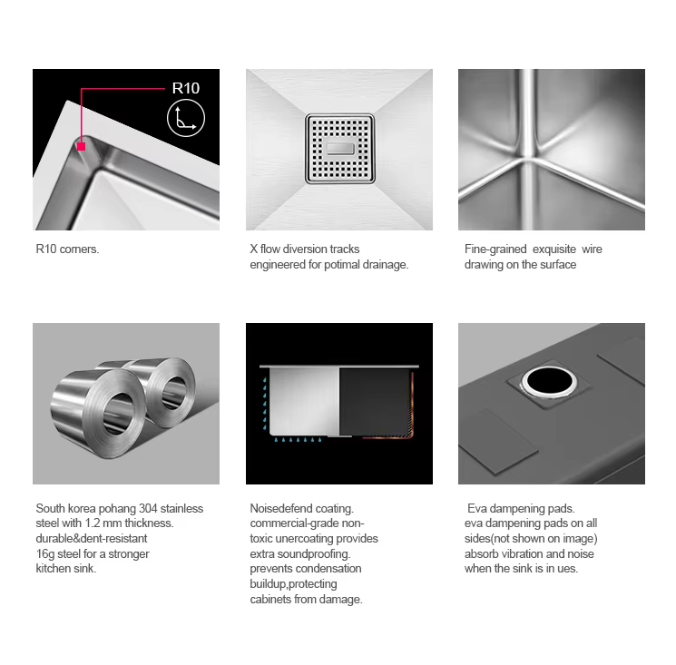 SUS304 Stainless Steel Large Farmhouse Hidden Sinks Handmade Kitchen Sink With Faucet