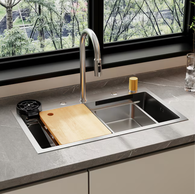 Stainless Steel Kitchen Sink with Pull Out Multifunctional Faucet Waterfall and Accessories 29.5''L x 18.1''W x 8.7''H