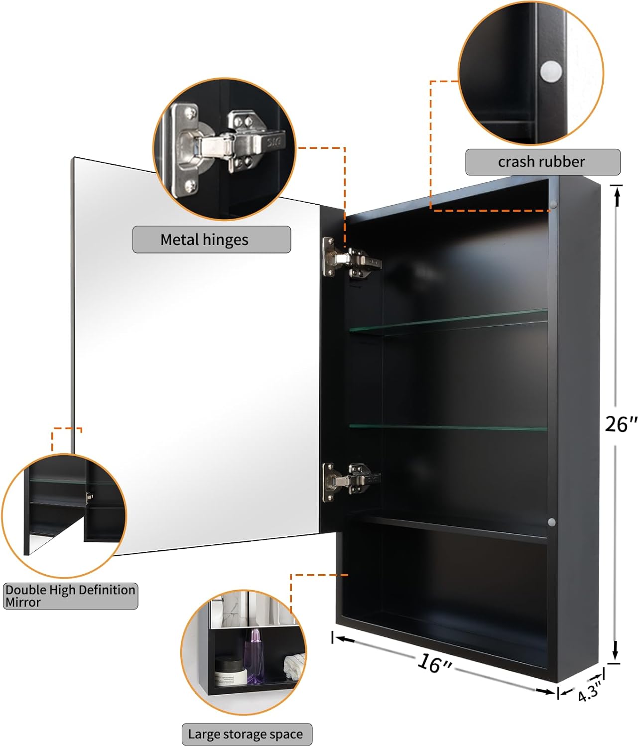 16x26 inch Medicine Cabinet with Mirror