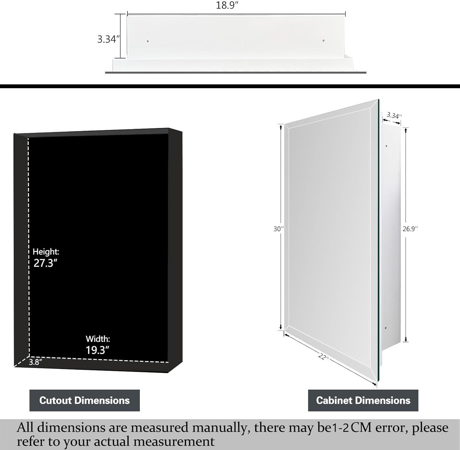 22x30 inch Frameless Beveled Mirror Medicine Cabinet