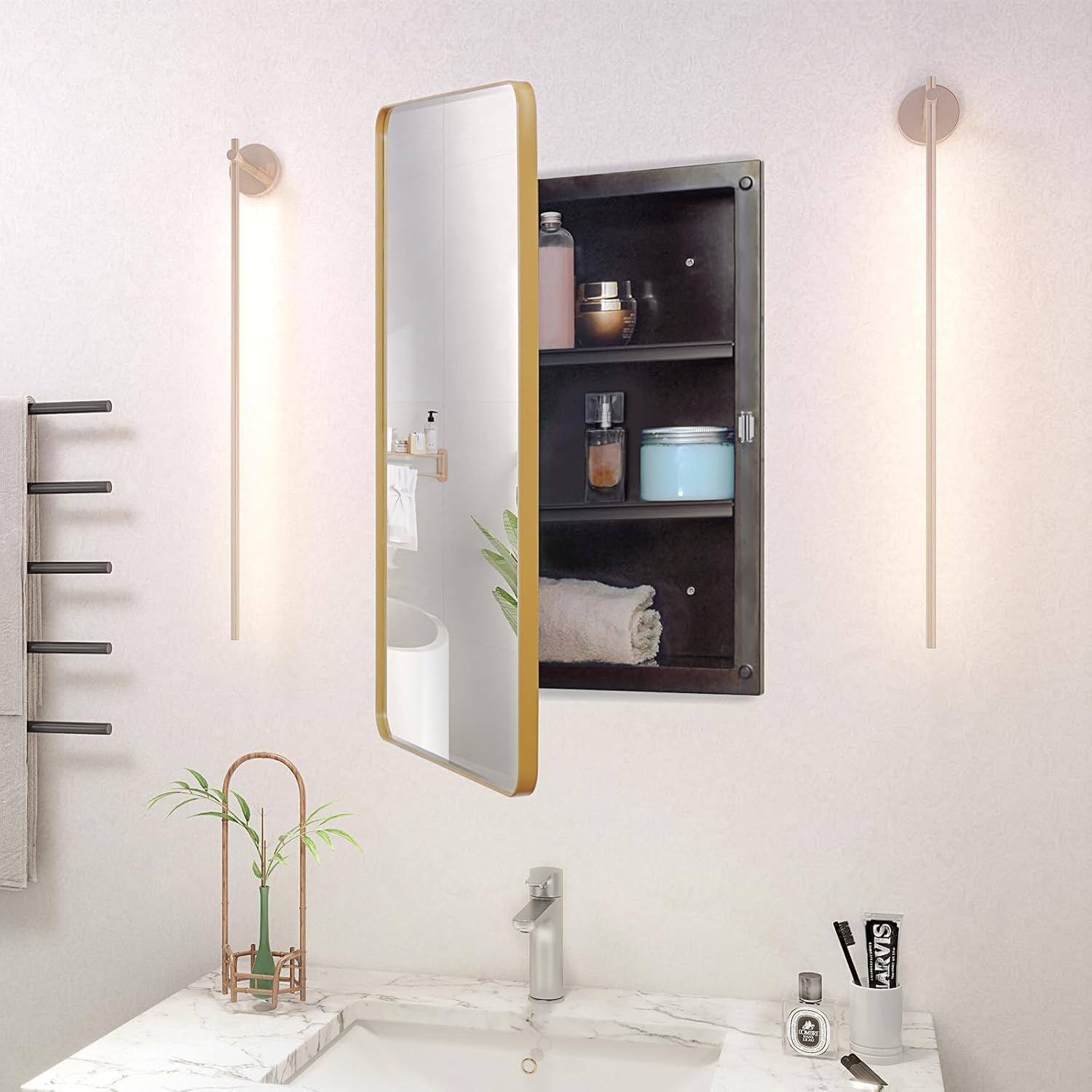 Plastic Medicine Cabinet, Beveled Edge Mirror Door with Round Corner Metal Frame