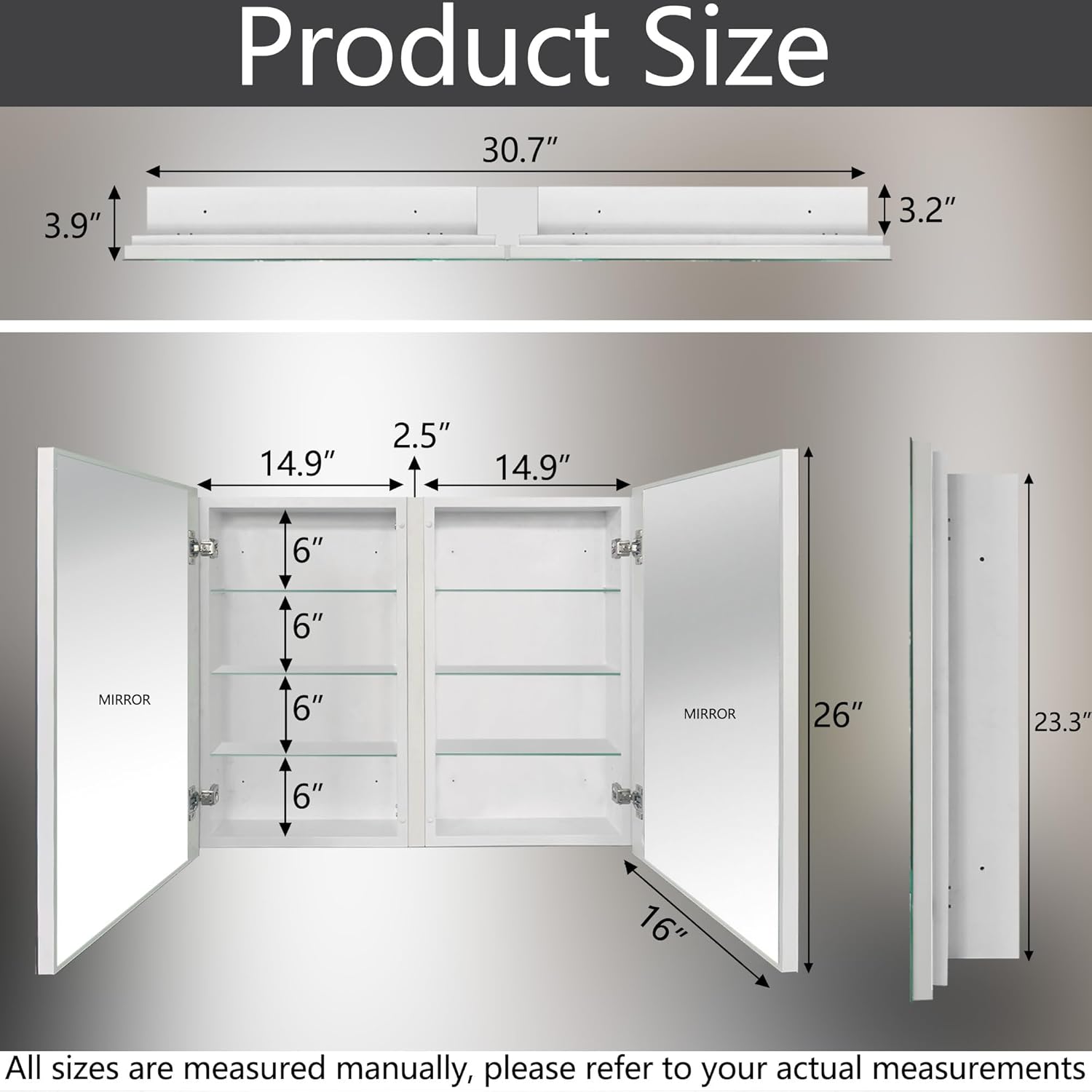 26x32 Inch Bathroom Platstic Medicine Cabinet with Frameless Mirror