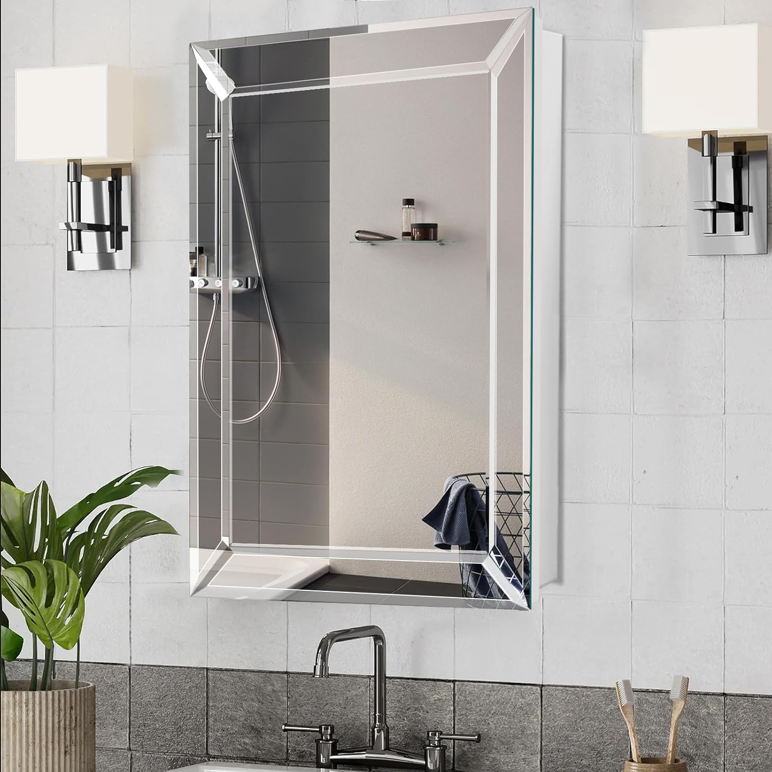Frameless Bathroom Medicine Cabinet with Beveled Edge Mirror