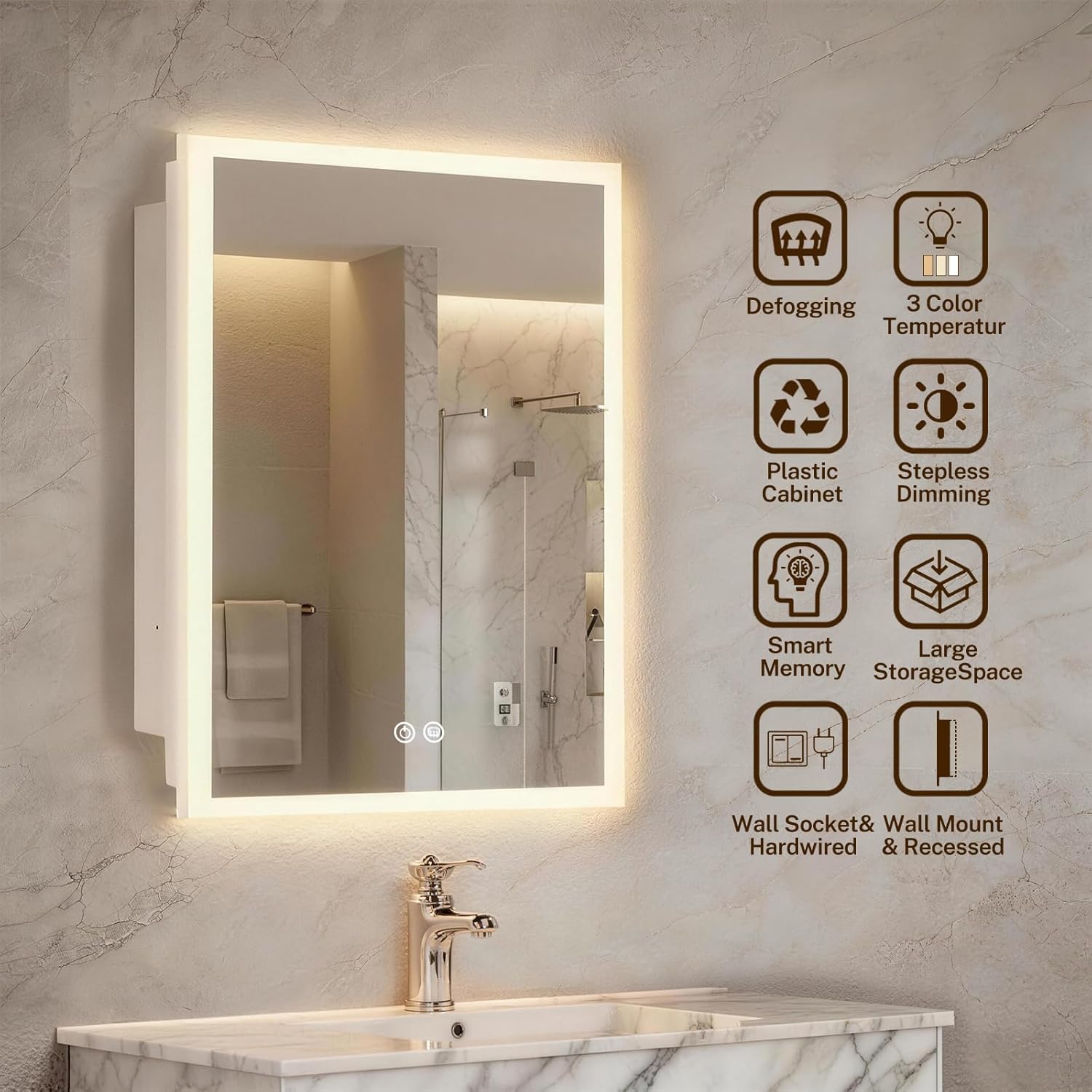 16x26 Inch Lighted Medicine Cabinet with Anti-Fog Mirror