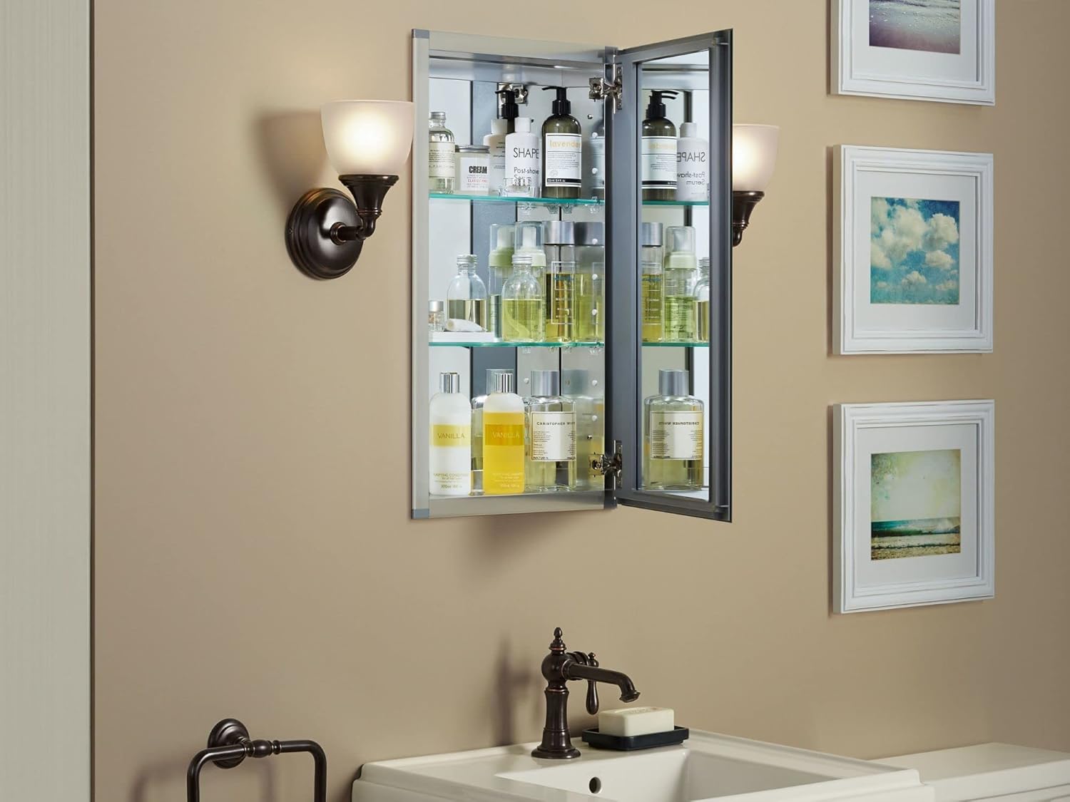 Frameless Bathroom Mirror Medicine Cabinet, Single Door, Rectangular Beveled Edge Frame, 4.81"D x 15"W x 26"H