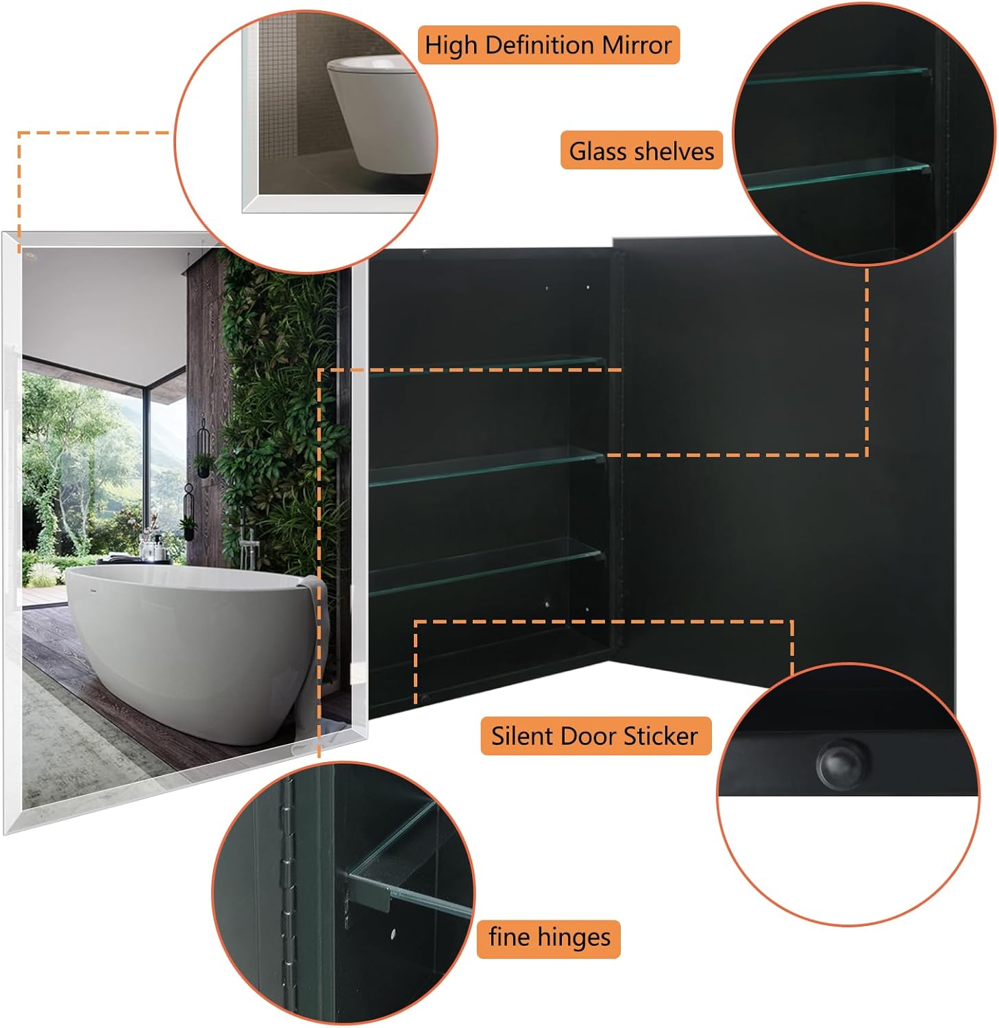 40 ”x 30”Black Bathroom Medicine Cabinets with Mirror