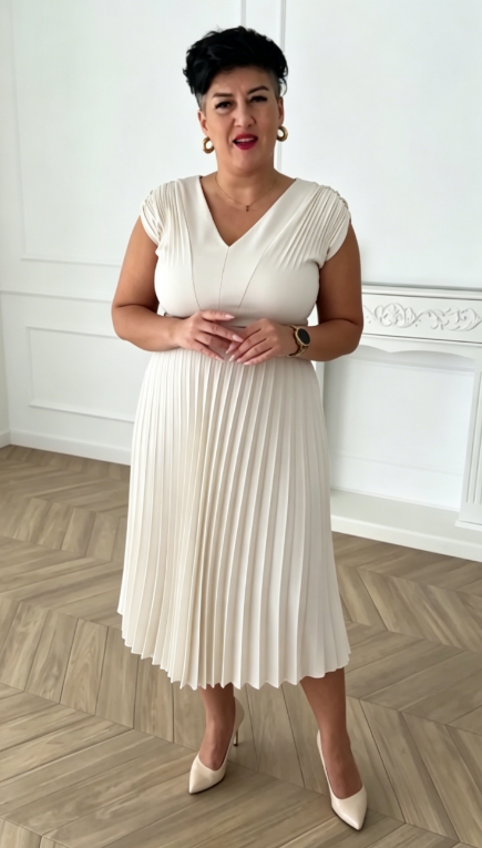 Sukienka plisowana w stylu francuskim z dekoltem w serek, wyszczuplająca i elegancka