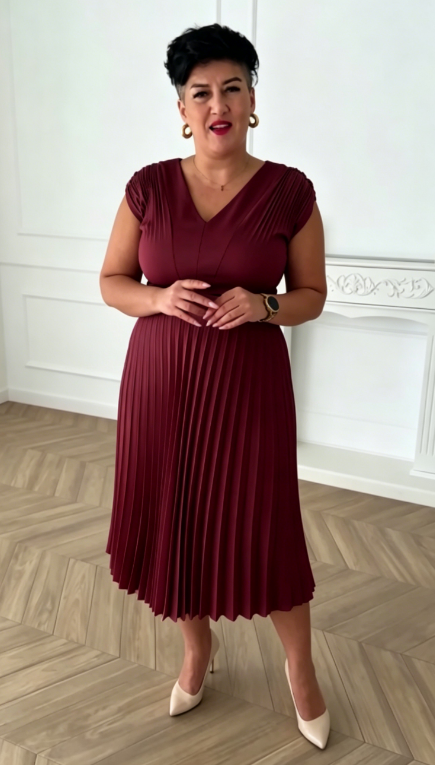 Sukienka plisowana w stylu francuskim z dekoltem w serek, wyszczuplająca i elegancka