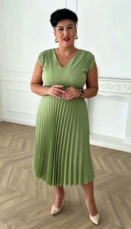 Sukienka plisowana w stylu francuskim z dekoltem w serek, wyszczuplająca i elegancka