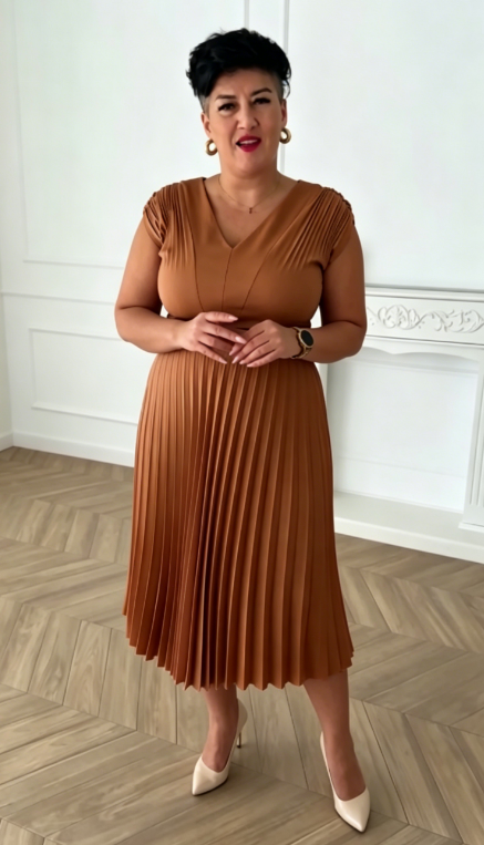 Sukienka plisowana w stylu francuskim z dekoltem w serek, wyszczuplająca i elegancka