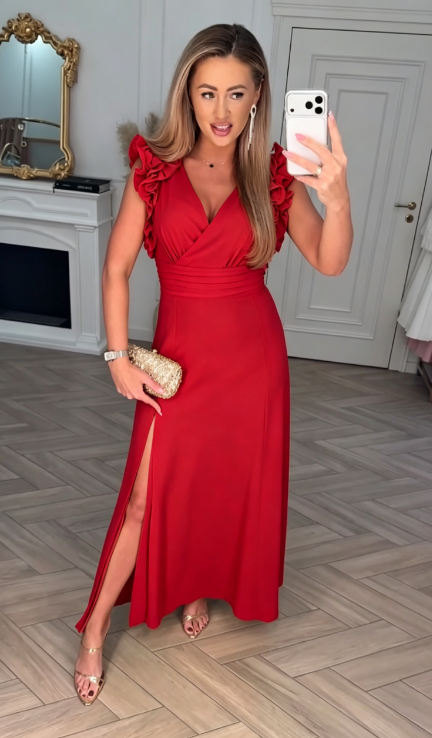 ❤Oferta ograniczona czasowo: 50% ZNI?KI❤Elegancka sukienka maxi z dekoltem w serek, dopasowan? tali? i rozci?ciem