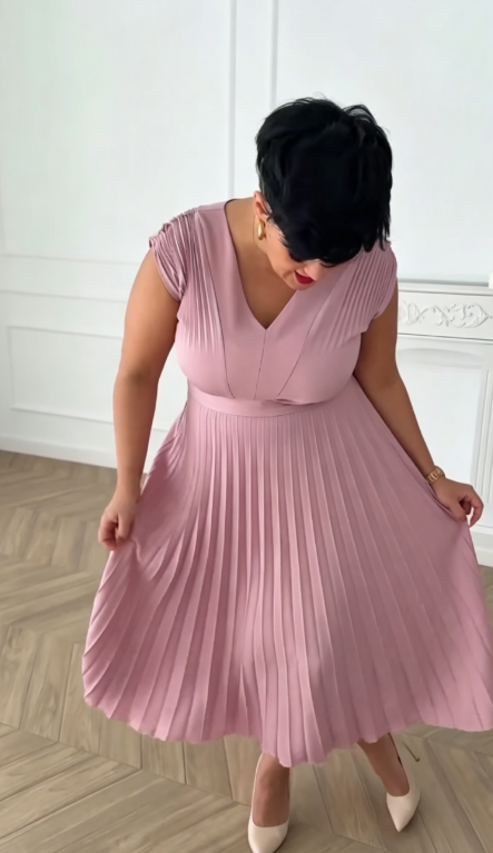 Sukienka plisowana w stylu francuskim z dekoltem w serek, wyszczuplająca i elegancka