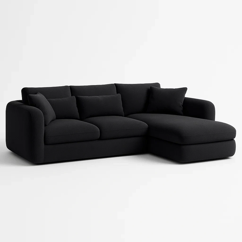 Divano angolare in tessuto nero con cuscini inclusi-CASAELEGAN