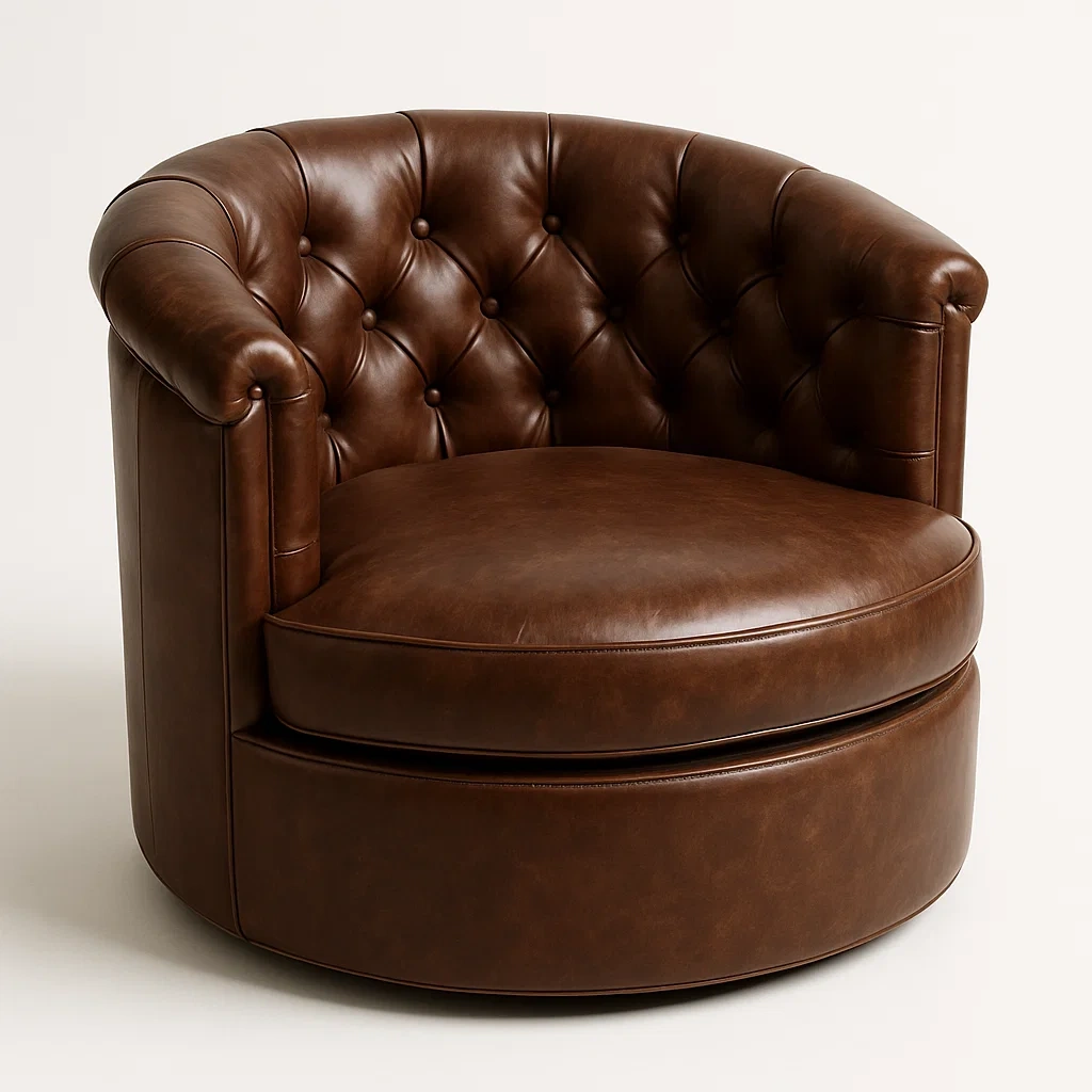 Poltrona rotante in pelle sintetica marrone con schienale imbottito-CASAELEGAN