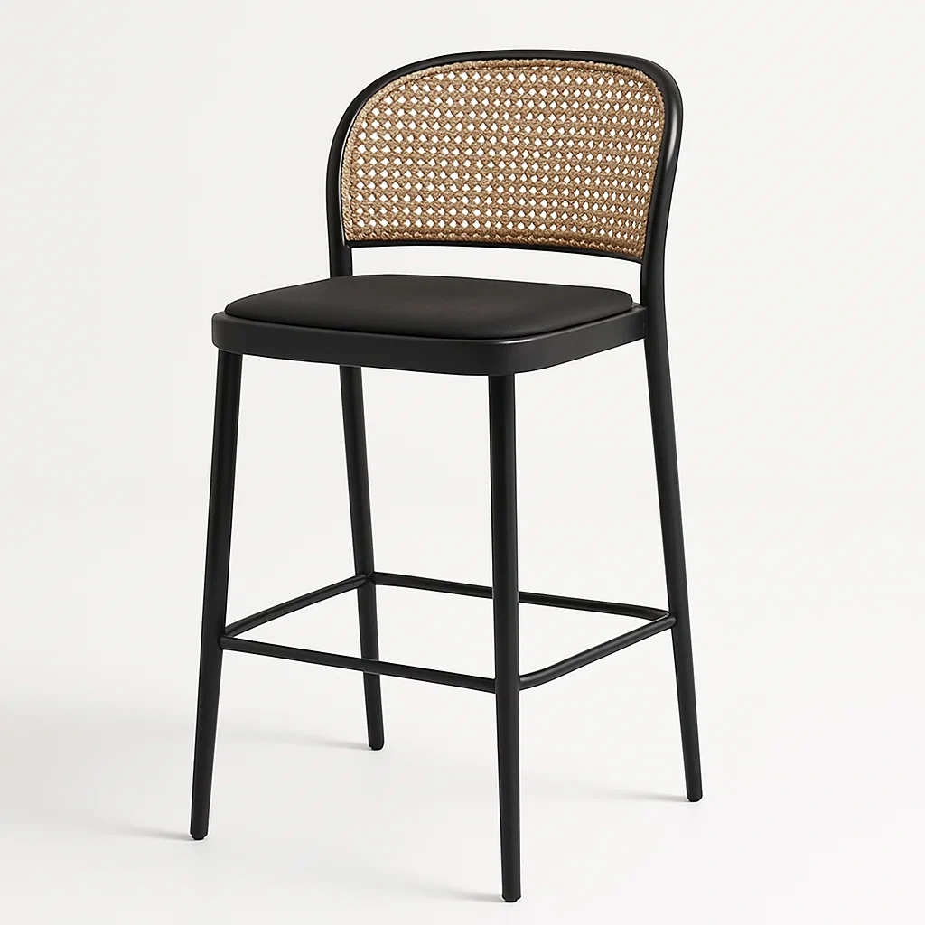 Sgabello alto in metallo nero con seduta in ecopelle e schienale in rattan-CASAELEGAN