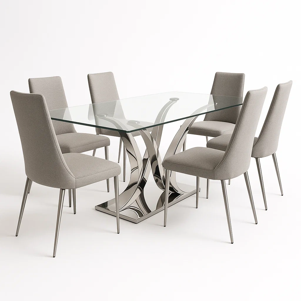 Set tavolo e sedia da interno 7 pezzi in vetro temperato e acciaio con 6 sedie in tessuto grigio-CASAELEGAN