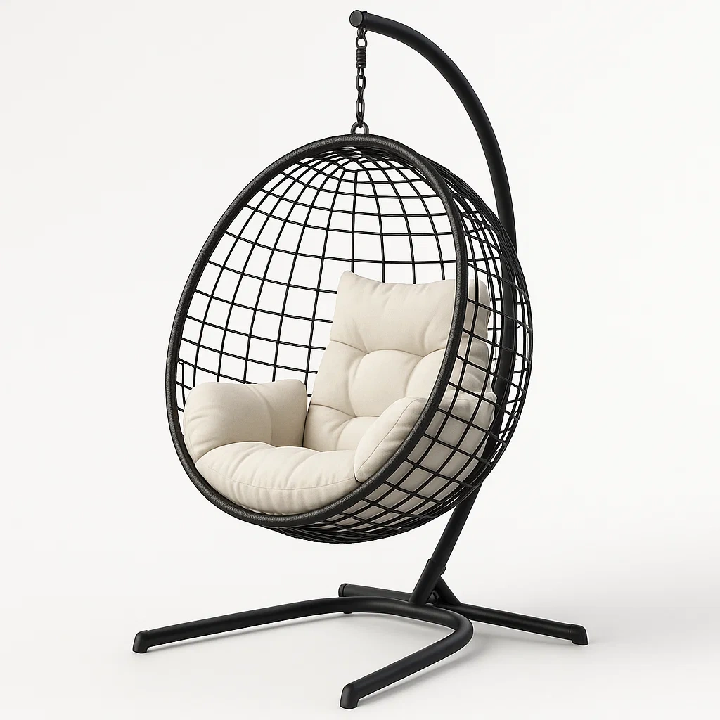 Sedia sospesa in metallo nero con cuscini beige in cotone-CASAELEGAN