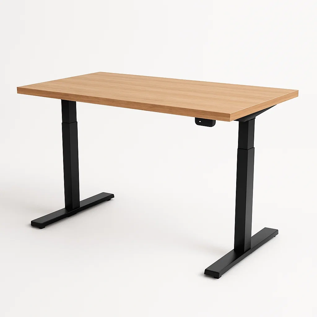 Scrivania da ufficio regolabile in altezza con piano in legno laminato e gambe in acciaio nero-CASAELEGAN