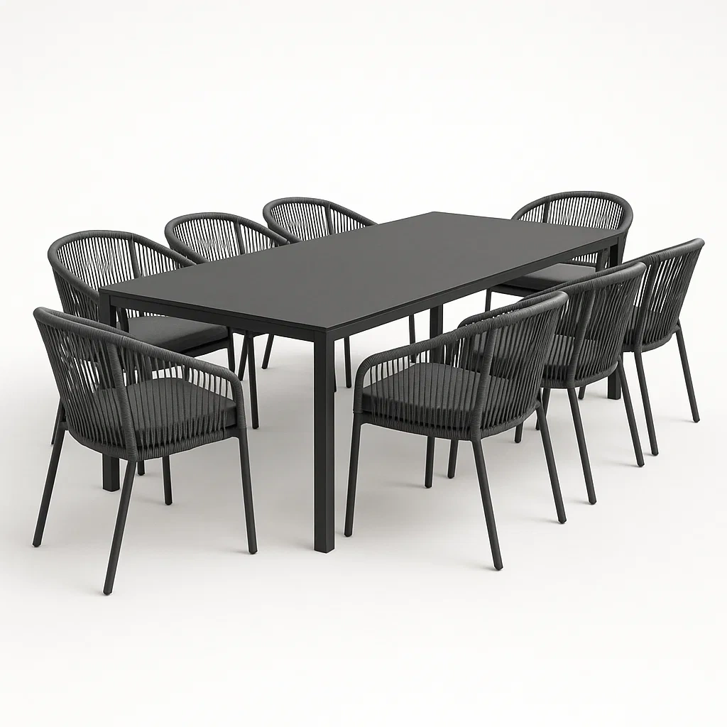Set tavolo e sedia da giardino 9 pezzi in alluminio e corda nero con tavolo rettangolare e 8 sedie-CASAELEGAN