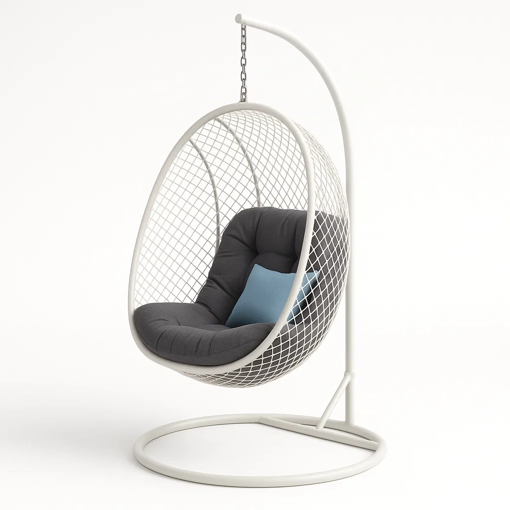 Poltrona sospesa a uovo in metallo bianco con cuscino in poliestere grigio e blu-CASAELEGAN