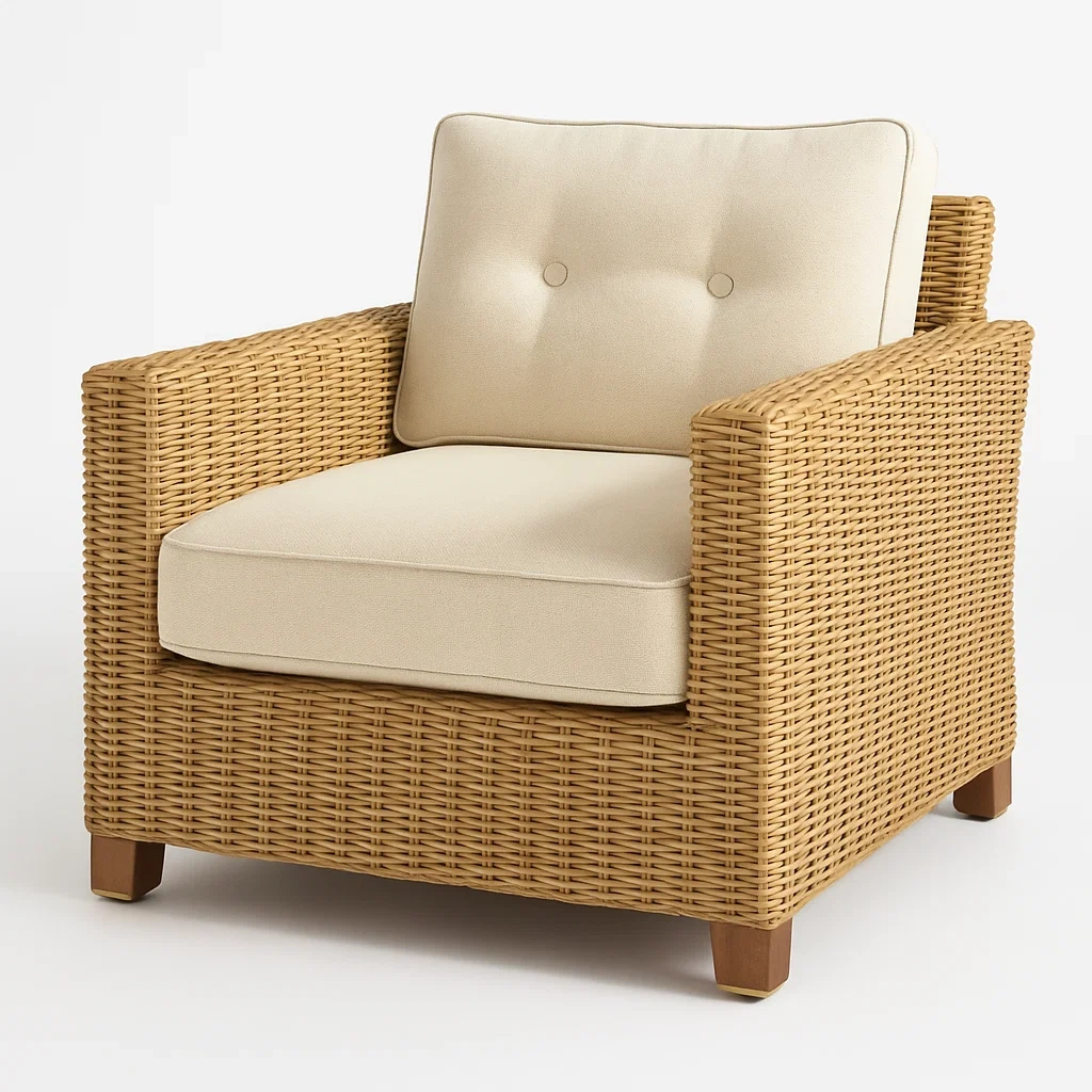Poltrona da giardino in rattan sintetico con cuscini in tessuto beige-CASAELEGAN