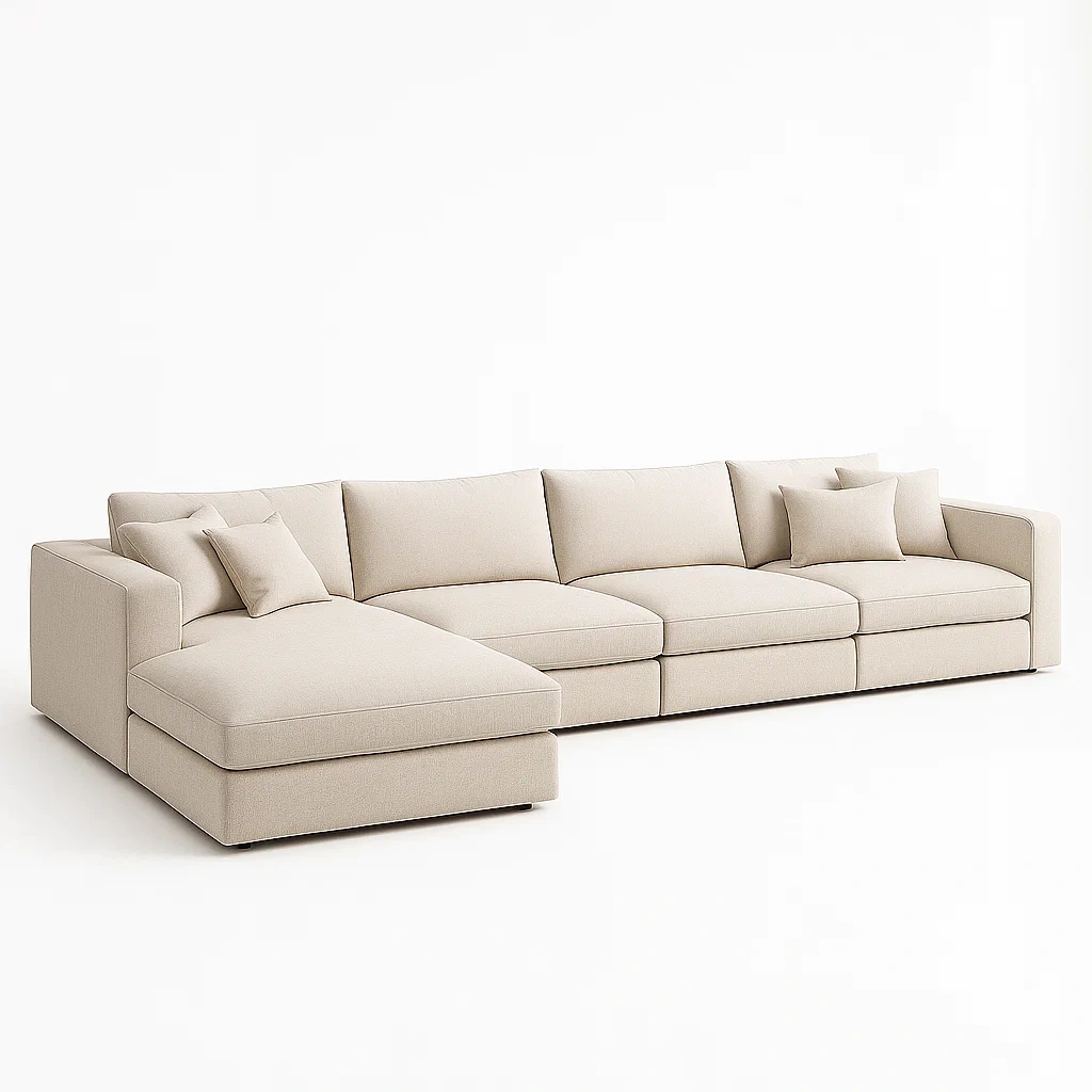 Divano angolare in tessuto poliestere beige con chaise longue-CASAELEGAN