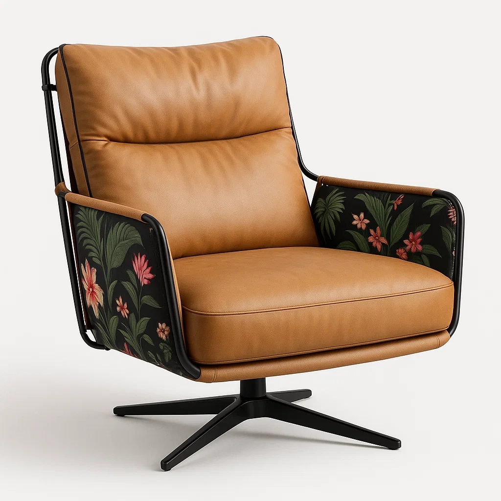 Poltrona girevole in pelle sintetica marrone con rivestimento floreale-CASAELEGAN